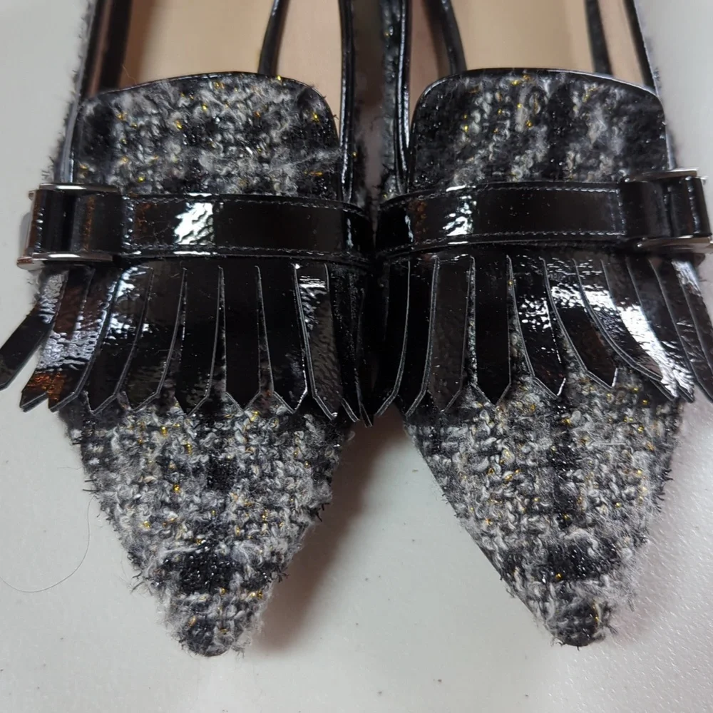 Franco Sarto, Grenoble, black and white Tweed heeled loafer. Size 10